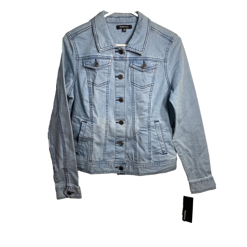 relativity womens jean jacket size medium light wash blue buttons long sleeve
